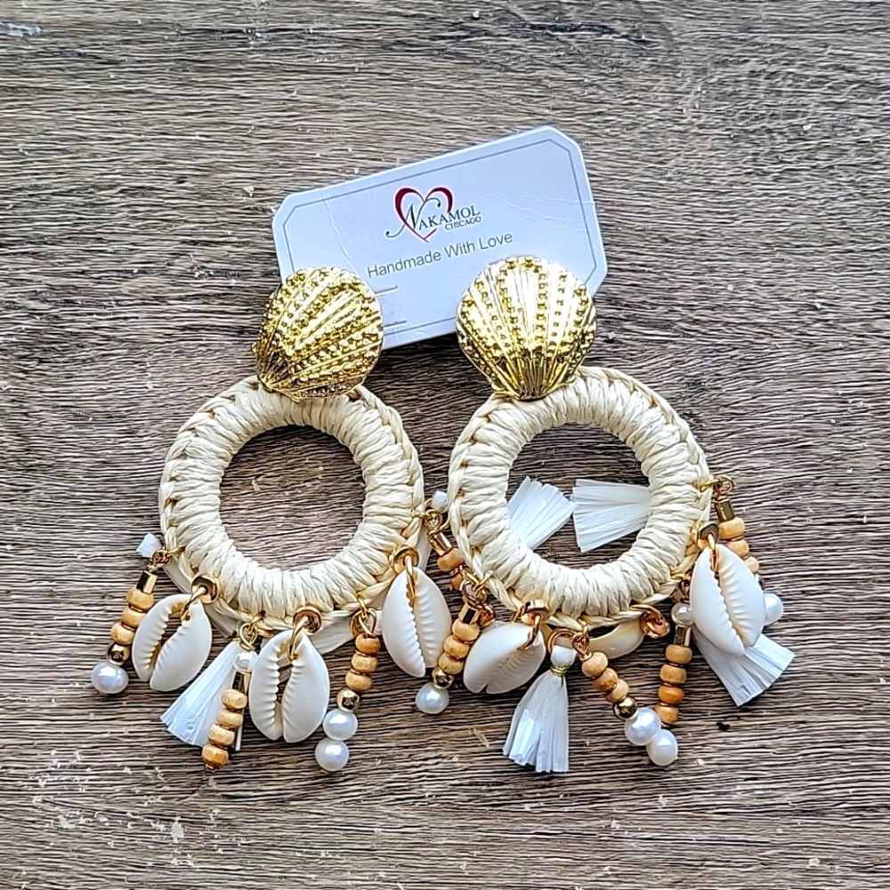 Nakamol Seashell Earrings Pearl Rattan Raffia